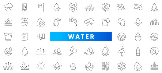 Water thin line icons set. Water, filter, drops, waves, drop, sea, drinking water, bottle, cleanliness, aqua outline icons collection. Thin outline icons vector.