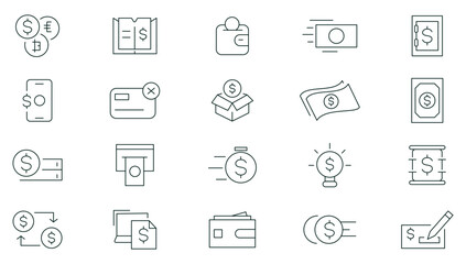 Money and Payment Line Icons set. Business, finance, transaction, payment, banking, wallet, coins, credit card, currency, exchange, cashback, dollar, cash wallet, exchange, atm payment outline icons.