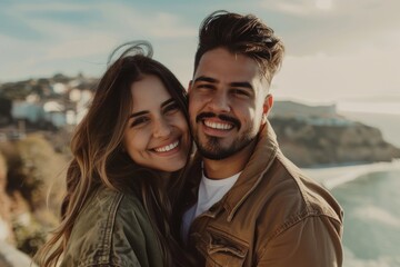 Obraz premium Portrait of a grinning latino couple in their 20s wearing a trendy bomber jacket in beautiful coastal village background