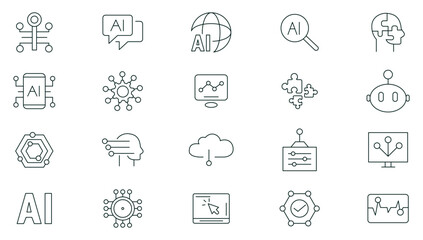 Artificial intelligence line icon collection. AI technology, Machine learning, smart robotic, cloud computing network, digital AI technology, algorithm, outline icon set. Thin icons pack.