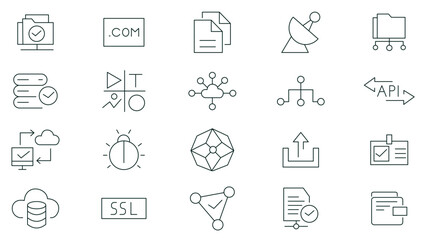 Information technology web icon set. Web Hosting Line Icons pack. Data analytics, database, big data process, ai, monitoring, traffic, hosting service, optimization and backup icon set collection.