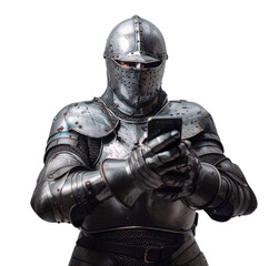 Naklejka premium Modern knight in shining armor captures a photo with a smartphone. 