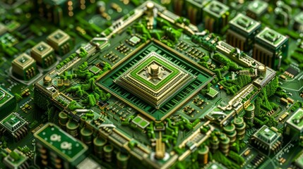 Obraz premium Close-up view of a green microchip on a motherboard, showcasing detailed circuitry and technology components.