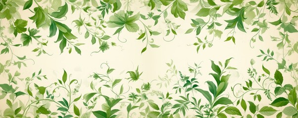 Watercolor green foliage border on beige background with copy space