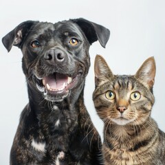 Portrait of Happy mutt rescue dog and orange tabby cat looking into studio camera together isolated on white background, veterinarian doctor office showing pets as friends.
