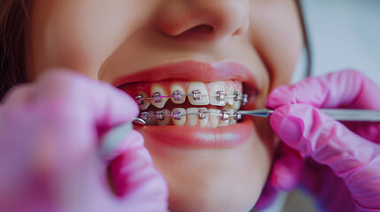 Close-up of a dental check-up for braces, highlighting orthodontic care. Suitable for healthcare and dental services themes. Generated AI