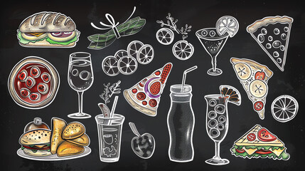 Illustrated food and drink doodles on a chalkboard - pizza, sandwiches, drinks, lemon slices and more, perfect for menus and promotions.