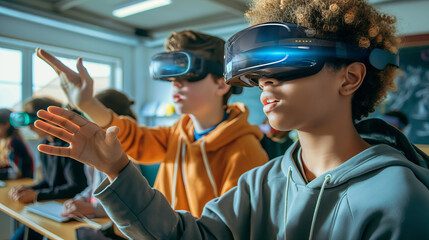 Students using VR headsets in a modern classroom setting. Ideal for educational technology promotions and STEM learning materials. Generated AI