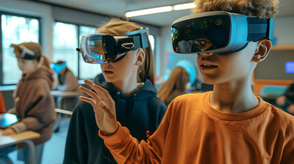 Children in a classroom setting experiencing virtual reality with headsets, exploring new educational technology