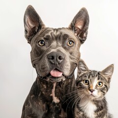 Obraz premium Portrait of Happy mutt rescue dog and orange tabby cat looking into studio camera together isolated on white background, veterinarian doctor office showing pets as friends. 
