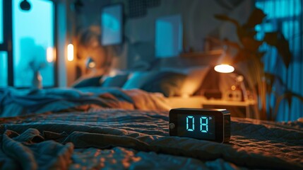 A digital clock displaying 08 sits on a bedside table in a dimly lit bedroom. The clock is in focus...