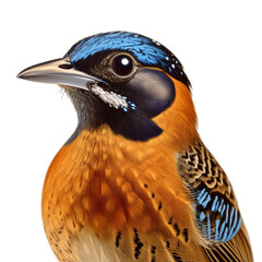 The image shows a close-up of a bird with a blue and black head, a brown body, and a black beak.