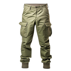  The image displays a pair of olive green cargo pants with multiple pockets and a waist belt.
