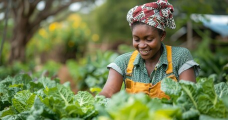 African woman farmer smiling inspecting vegetables in the garden