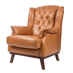 a brown leather armchair with a curved backrest and armrests, set against a black background.