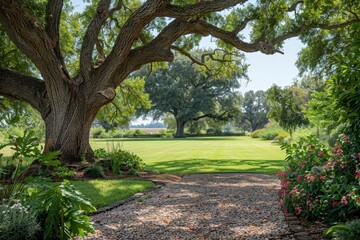 Large Oak Tree in a Lush Green Park on a Sunny Day