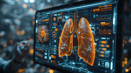 Futuristic medical research for lungs health care background with screen 