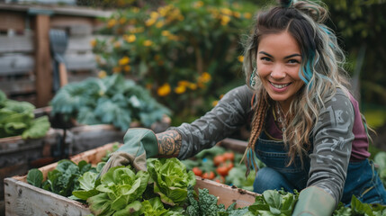 Young woman care about compost, mixing the compost in the big composter at the garden