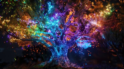 A virtual tree with AI-designed branches, shimmering with multicolored digital lights.