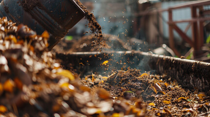 Young woman care about compost, mixing the compost in the big composter at the garden