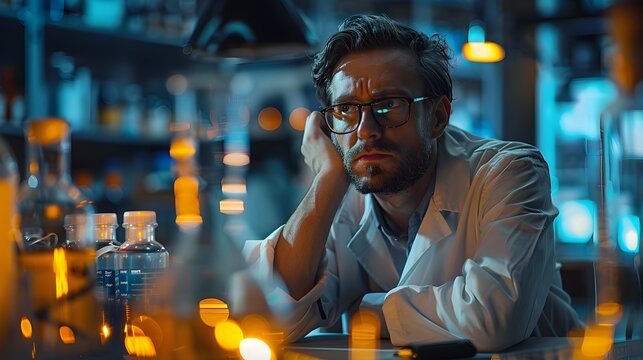 Exhausted Research Scientist Staying Late in the Lab Surrounded by Data and Equipment