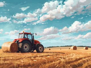 Obraz premium Tractor Distributing Hay Bales to in Open Field Landscape