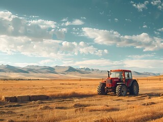 Naklejka premium Tractor Distributing Hay Bales in Large Open Countryside Field for