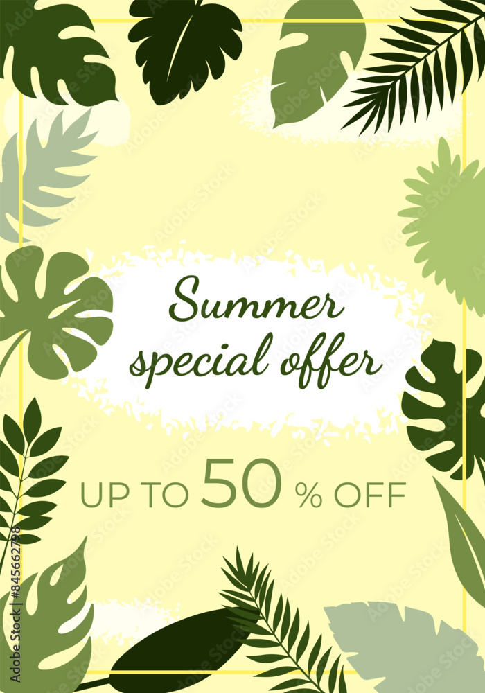 Wall mural summer poster with tropical leaves, special summer offer