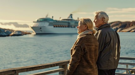 Fototapeta premium Golden Hour Reflections: A Couple Awaits Departure in Arctic Waters
