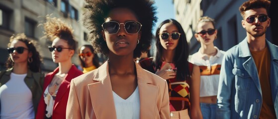 A group of fashionable models wearing colorful clothing and trendy sunglasses.