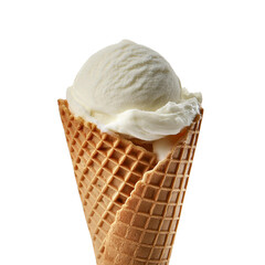  A scoop of vanilla ice cream melting in a waffle cone. The ice cream is white and creamy.
