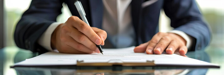 A businessman signing a contract, represents professional agreements, with copy space