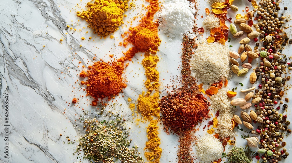 Poster a close-up view of a variety of loose spices laid out on a white marble surface. generative ai