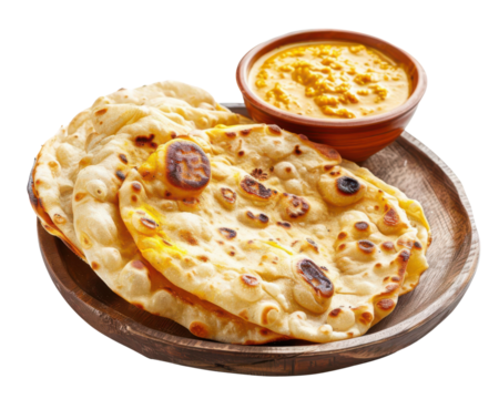 PNG of Roti Canai, Delux setup for advertising compost, Malaysian Indian flatbread, served with curry dip, isorated on white background for make PNG picture