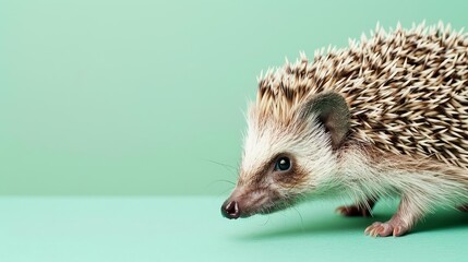 Obraz premium Cute hedgehog with brown and white spines on a green background.