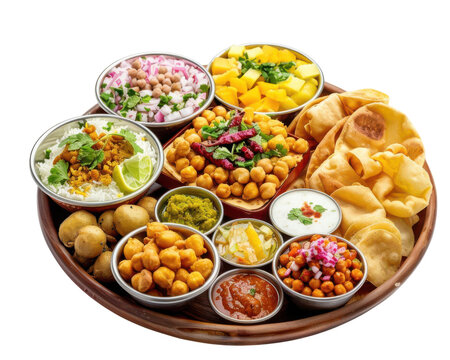 PNG of Papdi Chaat, Delux setup for advertising compost, North Indian street food made from crispy dough wafers, boiled chickpeas, potatoes, yogurt, and chutney, isorated on white background for make 