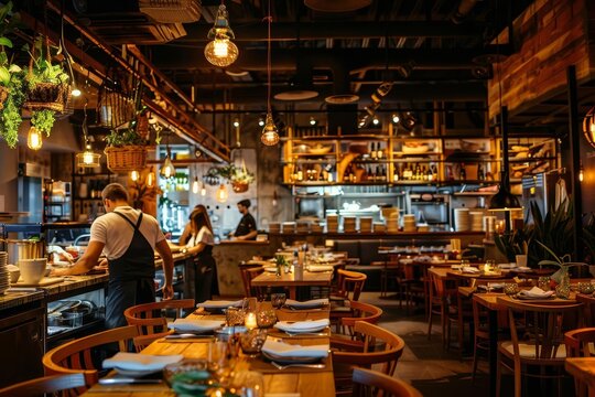 Busy restaurant kitchen with staff preparing food, tables set for diners.