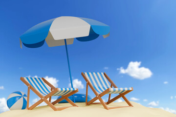 Vacation beach landscape with elements of beach chairs, sea, blue umbrella with balls, 3D illustration