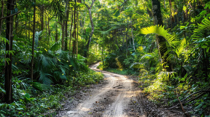 Obraz premium A dirt road stretches through dense jungle vegetation, creating a path in the wild surroundings