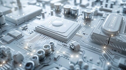 Illustration of a high-tech circuit board of the future in white colors, quantum computer, 3D printer, future technology, futuristic, great for scientific articles, white high-tech background