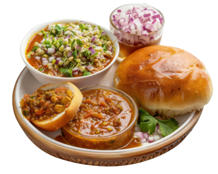 PNG of Misal Pav, Delux setup for advertising compost, Indian dish made of spicy curry usually made of sprouts, served with bread, isorated on white background for make PNG picture