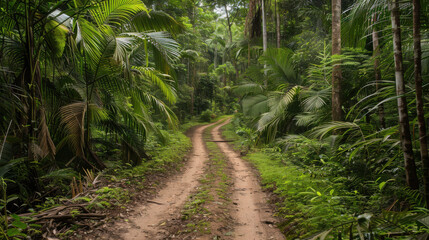 A dirt road stretches through dense jungle vegetation, creating a path in the wild surroundings 