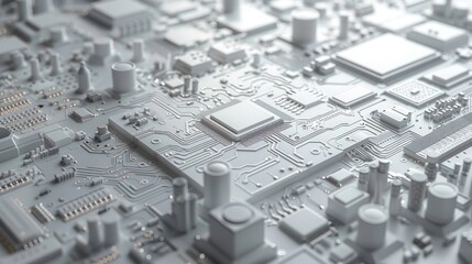 Illustration of a high-tech circuit board of the future in white colors, quantum computer, 3D printer, future technology, futuristic, great for scientific articles, white high-tech background