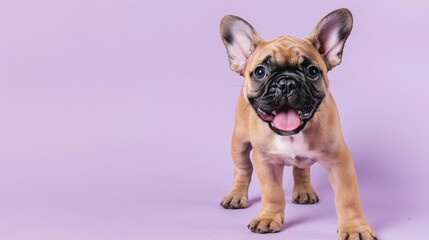 Obraz premium Adorable French Bulldog puppy with big ears and a happy expression on a purple background.