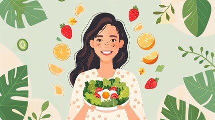 Smiling happy woman eats a salad in her plate while eating breakfast 