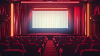A cinematic view of an empty theater with red velvet seats, illuminated by soft lighting, creating a warm, inviting atmosphere, waiting for moviegoers.