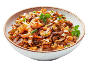 PNG of Char Kway Teow, Delux setup for advertising compost, Stirfried rice noodle dish from Malaysia and Singapore, isorated on white background for make PNG picture