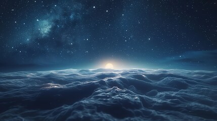 Ethereal midnight sky with twinkling stars above a serene sea of clouds, creating a dreamlike and tranquil atmosphere.