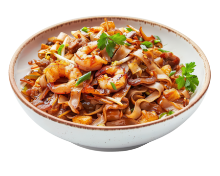 PNG of Char Kway Teow, Delux setup for advertising compost, Stirfried rice noodle dish from Malaysia and Singapore, isorated on white background for make PNG picture