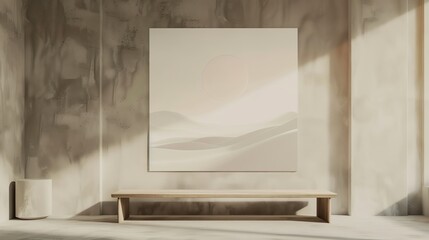 Minimalist interior with abstract painting, bench, and light-shadow play on concrete walls, ideal for modern art and design concepts.